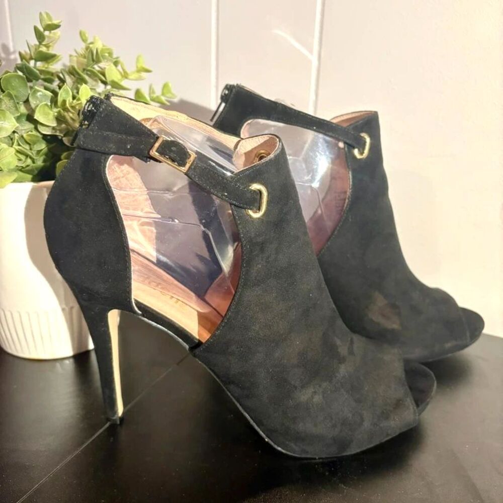 Madden NYC Rockett Black Faux Suede Open Toe 4.5" Stiletto Heel Open Booties 9.5